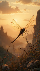  dragonfly flying, the warm golden light of sunset gives the whole landscape an elegant and charming look, in the spirit of realistic impressionism