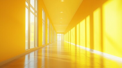 Poster - In a spacious hospital corridor, soft yellow light floods through large windows, casting gentle shadows across the polished floor. The atmosphere feels serene and inviting, yet uncrowded