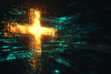 Aufkleber - Illuminated golden cross on a digital teal and black grid background, showcasing futuristic technology, data flow, and virtual innovation concepts.