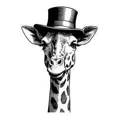 giraffe wearing top hat detailed black and white outline line art drawing front view isolated