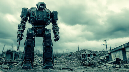 huge warfare robot of the future on rubbles of civilization