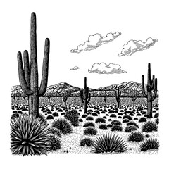 Wall Mural - wide agave field with cactus mountain and clouds landscape black and white outline line art drawing
