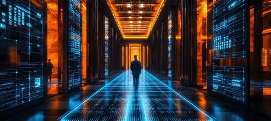 Aufkleber - man walks through futuristic server room with glowing grid lines, data streams flowing on walls