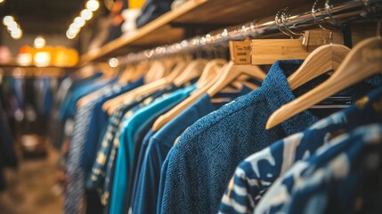 Fototapete - Neatly ironed blue and white shirts hang in orderly rows, showcasing a range of patterns and styles in a vibrant boutique. Soft lighting enhances the inviting atmosphere as customers browse