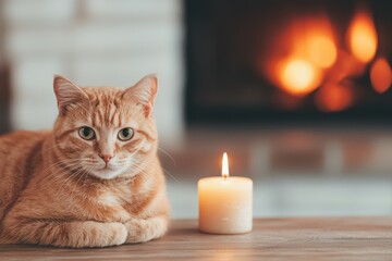 Poster - Ginger cat relaxing by the fireplace with candlelight