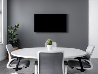 Poster - Modern conference room with oval white table, gray chairs, potted plant, and wall-mounted TV screen