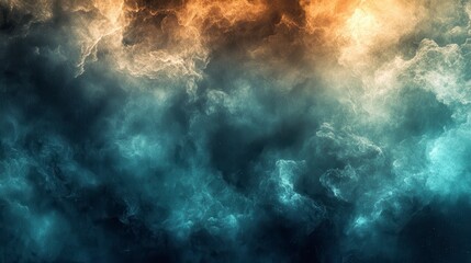 Abstract cosmic nebula with swirling teal, orange, and dark blue hues. Glowing stars and gas clouds create a dynamic celestial scene. Darker areas