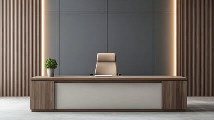 Poster - Modern executive office desk with beige chair and dark wall paneling