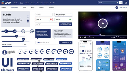A modern UI kit featuring a collection of buttons, icons, navigation menus, and responsive design elements. Includes login forms, media players, search bars, and calendars, ideal for apps, websites