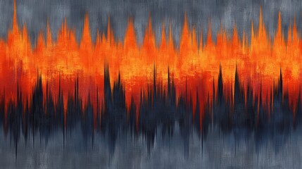 Wall Mural - Abstract fiery landscape painting with orange and black flames on a gray background. The texture is rough, suggesting fire and heat. The flames are