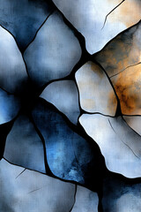 Sticker - A textured abstract background featuring irregular shapes in shades of blue, gray, and hints of orange, resembling cracked earth or a stained glass design.