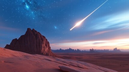 Wall Mural - stunning meteor shower above majestic desert landscape at dusk