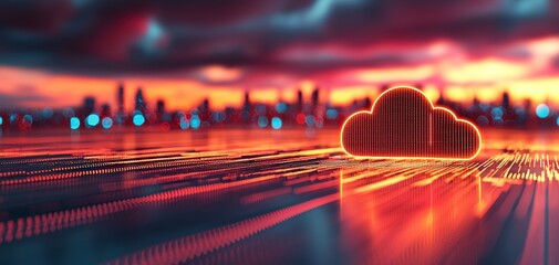 Fototapete - A futuristic city skyline with a glowing cloud symbol representing digital storage and connectivity, all amidst a dramatic sunset backdrop.