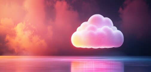 Fototapete - A surreal, colorful cloud floats above a reflective surface, set against a dreamy background of soft hues and atmospheric light.