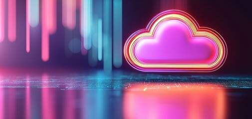 Fototapete - A vibrant, neon cloud icon illuminated against a dark background, symbolizing digital storage and technology trends.