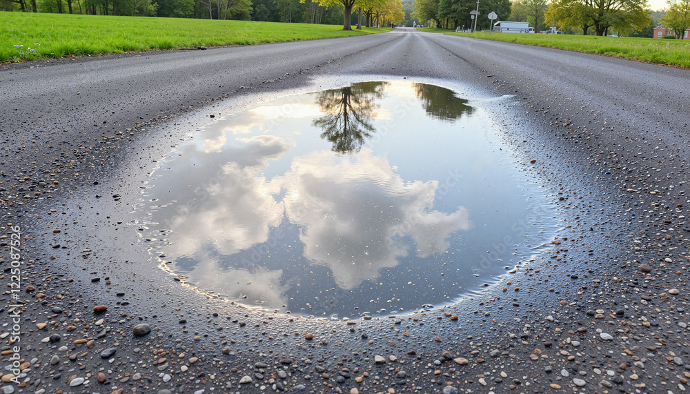 Spring Puddle Pictures Spring puddle reflecting clouds and trees on road for nature ...