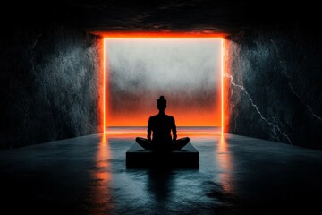 Poster - A 3D-rendered scene of a person sitting in a large, empty room with cold, metallic walls, illuminated by a faint, flickering light above, emphasizing solitude and despair