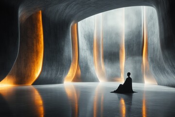 Poster - A 3D-rendered scene of a person sitting in a large, empty room with cold, metallic walls, illuminated by a faint, flickering light above, emphasizing solitude and despair