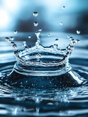 Poster - water droplet crown splash in a blue toned macro shot with a smooth background and reflections