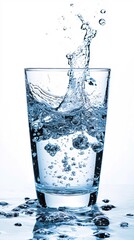 Poster - water splash in glass with bubbles and reflection on surface against clean white background