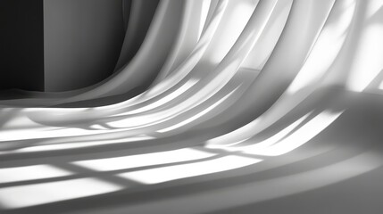 Poster - Abstract grayscale image of flowing white curtains casting shadows on a floor, creating a dramatic interplay of light and shadow