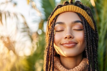 Poster - A close-up of a person face with a radiant smile, their eyes closed and expression full of pure joy, captured under natural sunlight