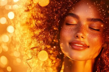 Poster - A close-up of a person face with a radiant smile, their eyes closed and expression full of pure joy, captured under natural sunlight