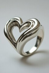 Poster - Silver Heart Ring on White Background Elegant Jewelry Design for Special Occasions Gift Idea