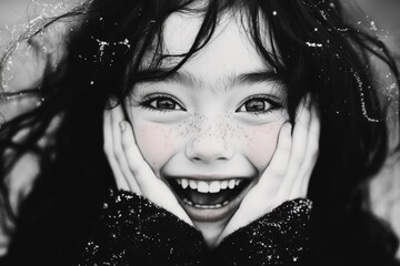 Aufkleber - A close-up of a person face with their eyes wide and mouth open in excitement, their hands clasped over their cheeks as they jump in joy
