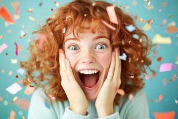 Aufkleber - A close-up of a person face with their eyes wide and mouth open in excitement, their hands clasped over their cheeks as they jump in joy