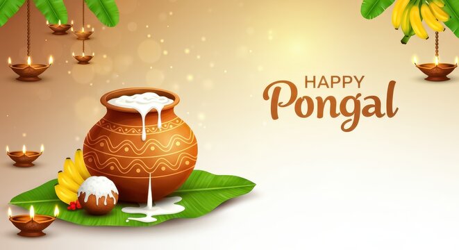 A bright festive scene celebrating Pongal featuring a traditional clay pot overflowing with milk placed on a bed of fresh banana leaves