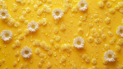 Aufkleber - Bright yellow background bursts with scattered blooms, featuring white daisies and soft yellow pom-poms. Delicate droplets glisten, activating a joyful, sunny ambience, perfect for uplifting spirits