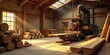 © vattana - Rustic Wooden Workshop with Vintage Lumber Processing Machinery and Stacks of Logs Bathed in Golden Sunlight