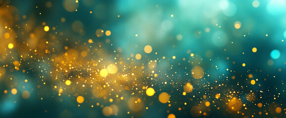 Aufkleber - Abstract golden bokeh light particles on a turquoise background, creating a festive and magical atmosphere, ideal for holiday designs, banners, or celebration themes.