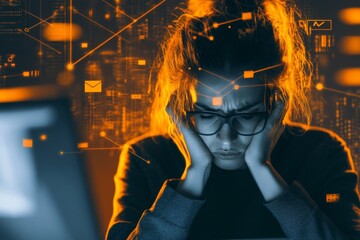 Aufkleber - A customer service agent surrounded by multiple ringing phones, emails popping up on the computer screen, and coworkers asking questions, looking frazzled