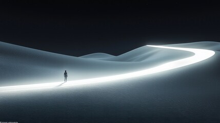 Aufkleber - An enigmatic figure walks along a gently winding white light line that echoes through serene sand dunes under a starlit sky. The quiet atmosphere invites contemplation and exploration