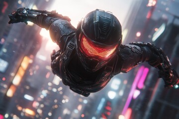 Poster - A cyberpunk-inspired scene of a person skydiving through a glowing, neon-lit cityscape, their exhilaration and thrill highlighted by holographic effects and streaks of light