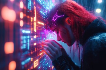 Poster - A cyberpunk-inspired scene of a person slumped against a glowing, graffiti-covered wall in a rainy neon-lit alley, their face hidden in their hands as holographic ads flicker around them