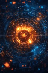 Poster - Abstract digital network with glowing orange center and blue circuit lines on dark background