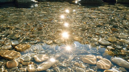 Poster - Sunlight reflection on shallow water over river stones creating a sparkling effect