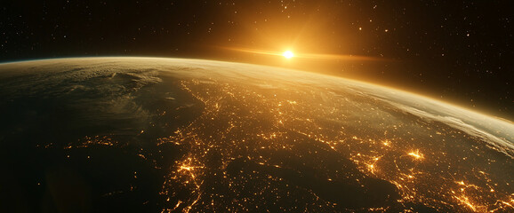 Poster - Spectacular view of Earth from space with glowing city lights and vibrant atmosphere, symbolizing global connectivity, energy, and the beauty of our planet.