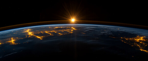 Poster - Stunning sunrise over Earth seen from space, illuminating glowing city lights and showcasing the beauty of our planet, symbolizing global connection, energy, and innovation.