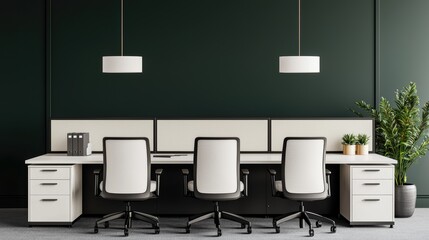 Poster - Modern office interior with shared desk, white chairs and green wall