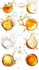 Poster - liquid splash collection of golden and clear liquid in dynamic motion on a white backdrop