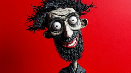 Wall Mural - Quirky cartoon character with exaggerated features against a vibrant red background, showcasing creativity