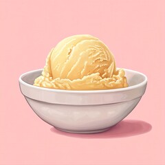 Poster - Vanilla ice cream scoop in a white bowl on a light pink background illustration style