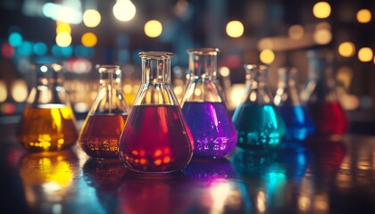 Poster - chemistry lab colorful reflection vibrant solutions of science experiments in beakers and glassware