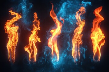 Fototapete - Dynamic fire and smoke abstract design with vibrant orange flames and blue smoke on dark background