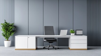 Poster - Modern office interior with desk, chair, and storage cabinets promoting organization and efficiency