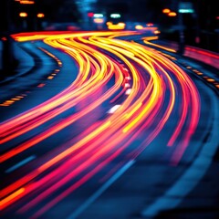Poster - Night highway with light trails of moving vehicles creating abstract patterns on dark blue background